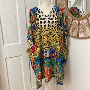 Good Times VTG Kaftan Tunic One Sz Multicolor Leopard Floral Resort White Lotus